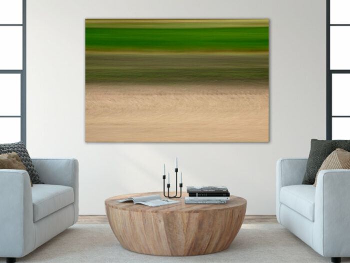A modern living room with a big photograph on the wall. It shows nature in motion