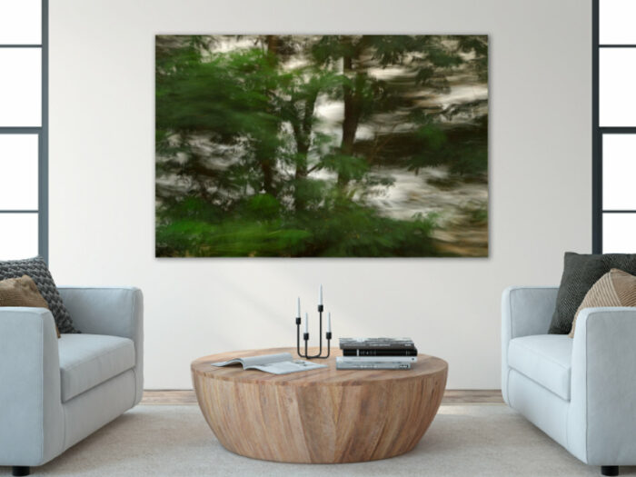 A large photograph of landscape in motion on the wall of a modern yet cozy living room