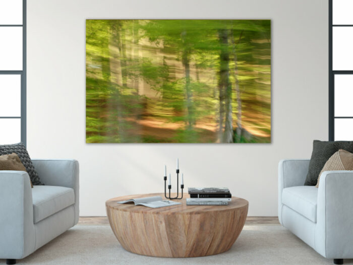 A large photograph of landscape in motion on the wall of a modern yet cozy living room