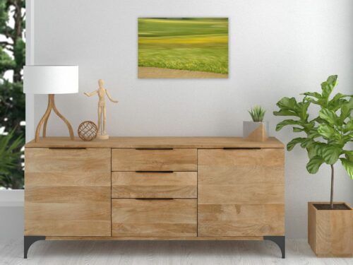 A photograph of landscape in motion above a wooden sideboard