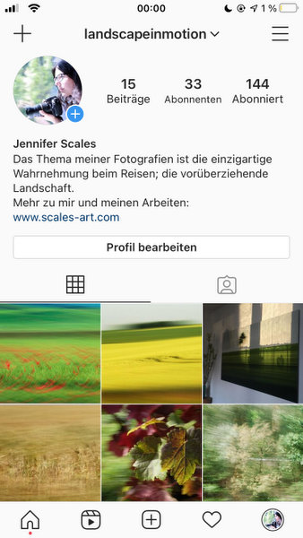 Ein Screenshot vom Instagram Profil "landscapeinmotion". 15 Beiträge, 33 Abonnenten, 144 Abonniert