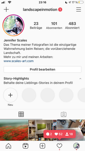 A screenshot of the Instagram profile "landscapeinmotion". Below you can see that 18 new subscribers, 2 comments and 52 likes have been added.