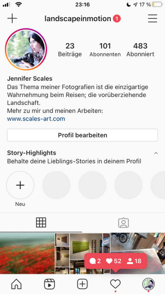 Ein Screenshot vom Instagram Profil "landscapeinmotion". Unten ist zu sehen, das 18 neue Abonnenten, 2 Kommentare und 52 likes dazu gekommen sind.