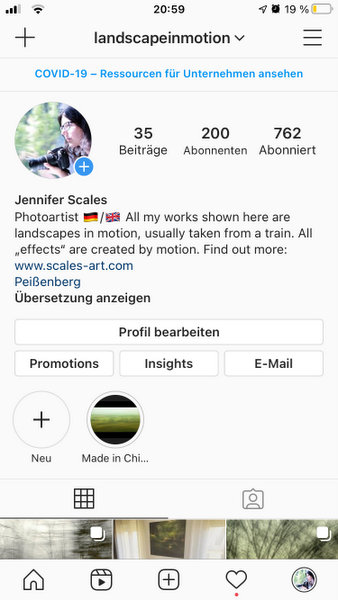 Ein Screenshot vom Instagram Profil "landscapeinmotion". 35 Beiträge, 200 Abonnenten, 762 Abonniert