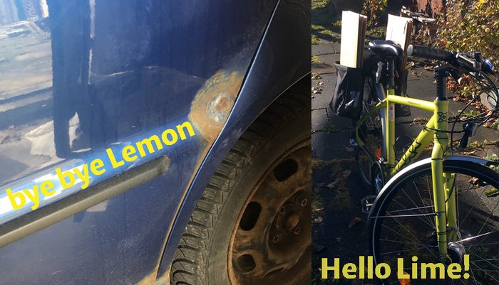 A collage of images with text. On the left is a section of a rusty car with the text "bye, bye Lemon". On the right is a lime green bicycle with the text "hello Lime! 