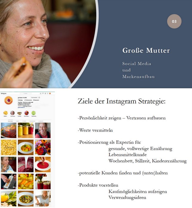 Excerpt from a presentation. Portrait photo of a chef, caption "Great mother social media and brand building", below an Instagram grid with pictures of ingredients and dishes, as well as other portrait photos and a list of goals for the Instagram strategy. 