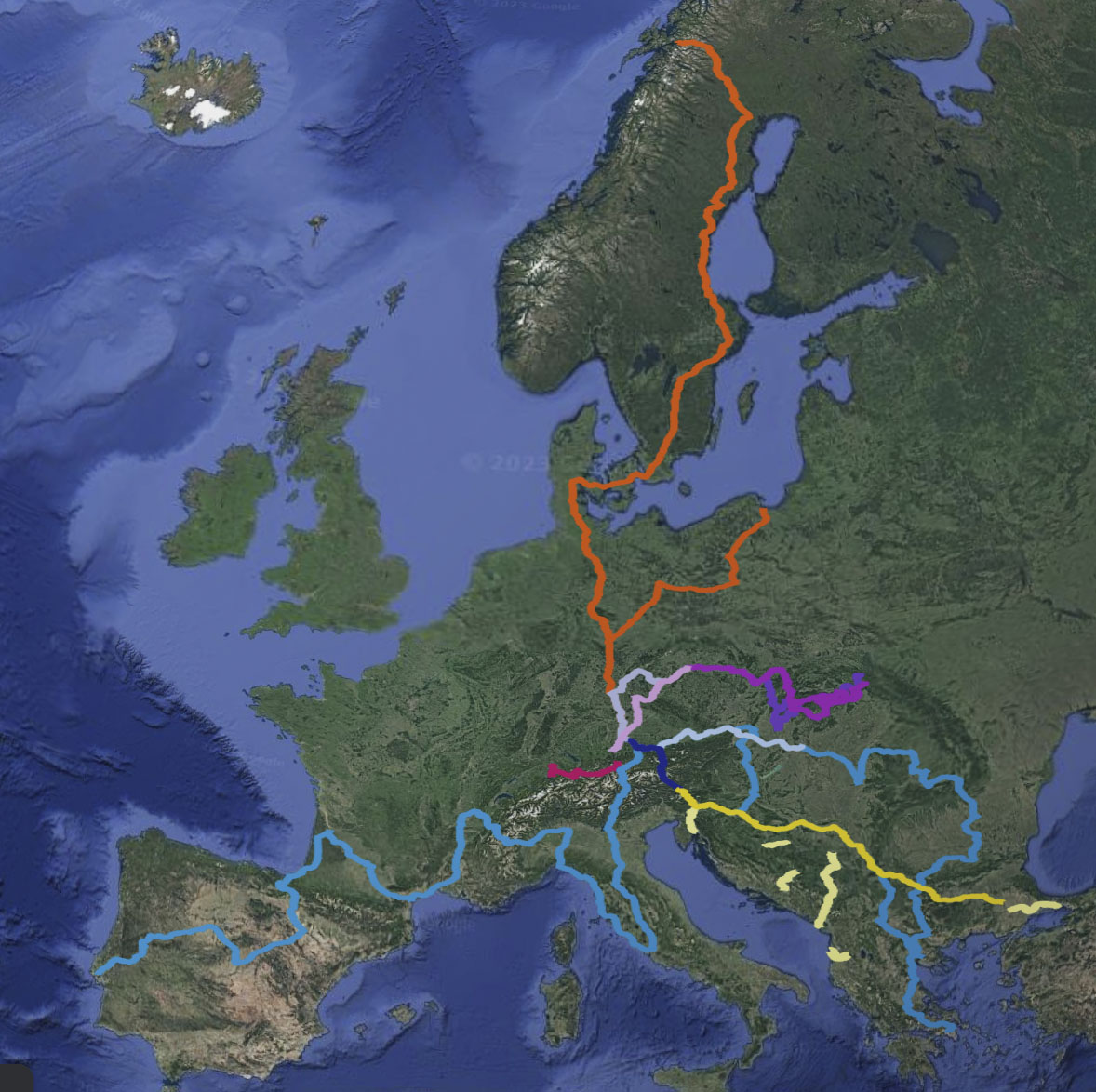 A satellite image of Europe with train routes marked, mainly in southern and eastern Europe as well as Scandinavia
