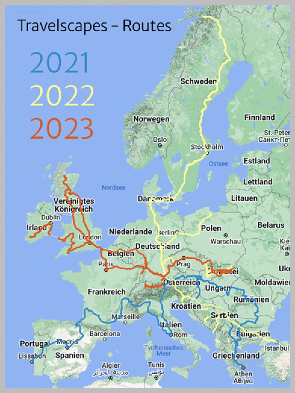 Bildschirmfoto 2025-11-05 um 21.42.55 Karte von Europa mit farblich eingezeichneten Routen, in Südeuropa, Skandinavien, Osteuropa und den britischen Inseln